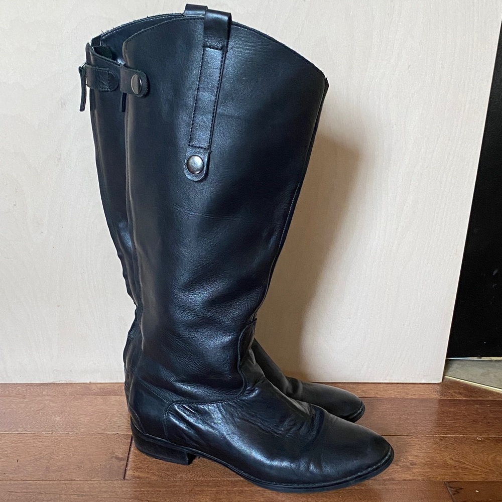 Denver Hayes Black Tall Leather Riding Boots with Buckle Detail
